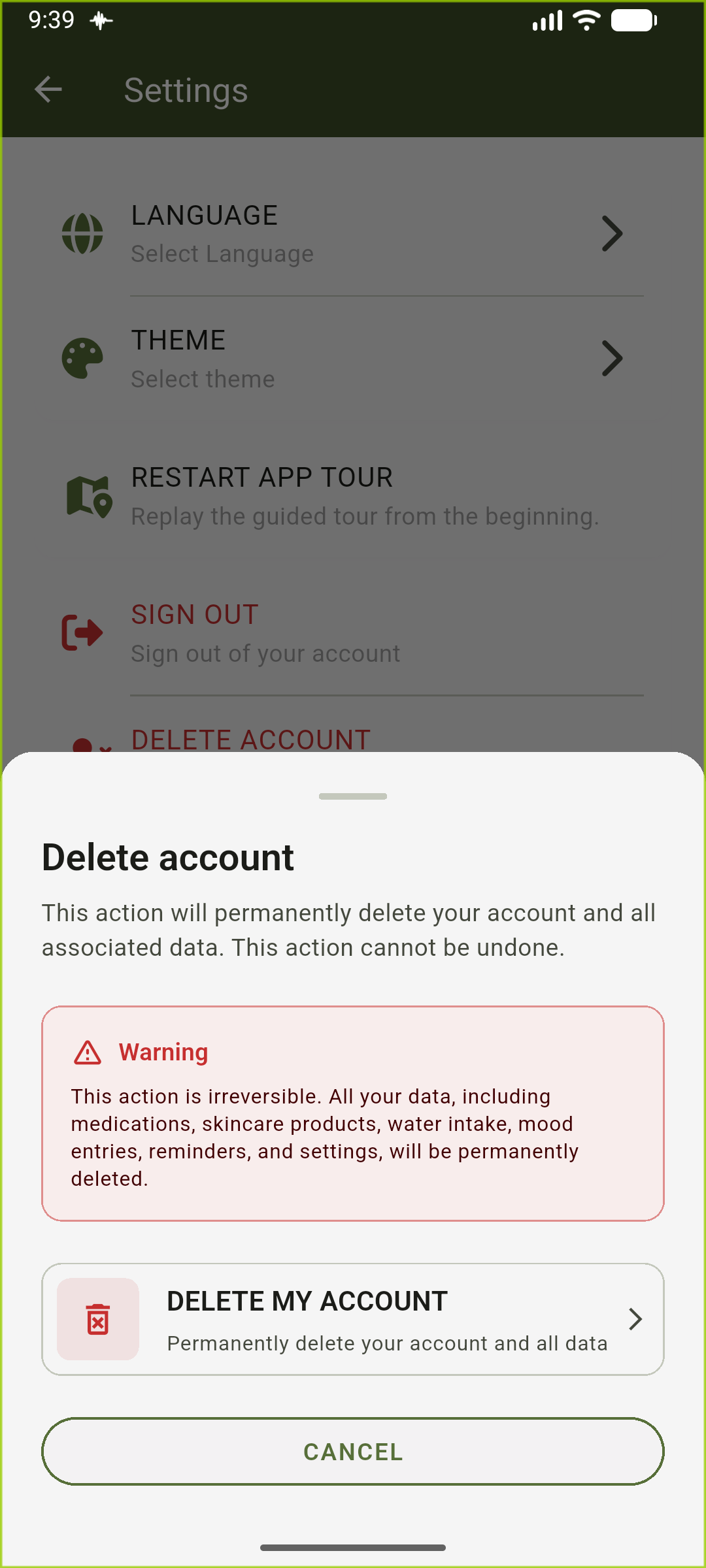 Delete account confirmation screen showing the final deletion action