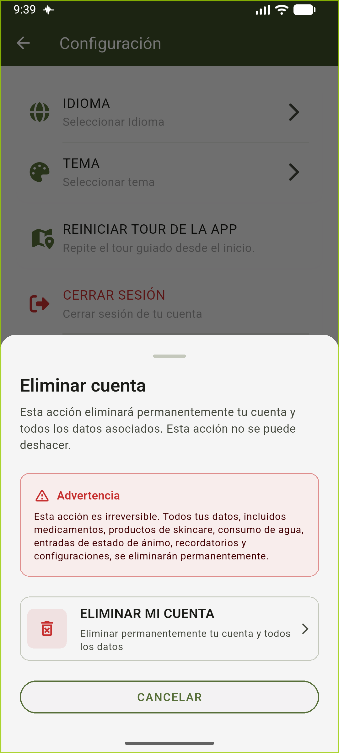 Pantalla de confirmación de eliminación de cuenta que muestra la acción final