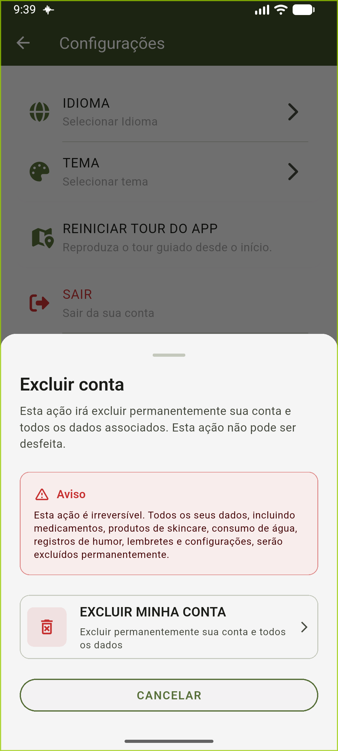 Tela de confirmação de exclusão de conta mostrando a ação final