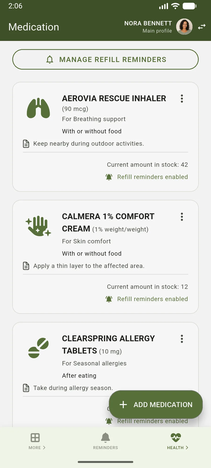 VidaLog medication tracker with doses, schedules, instructions, stock, and refill reminders