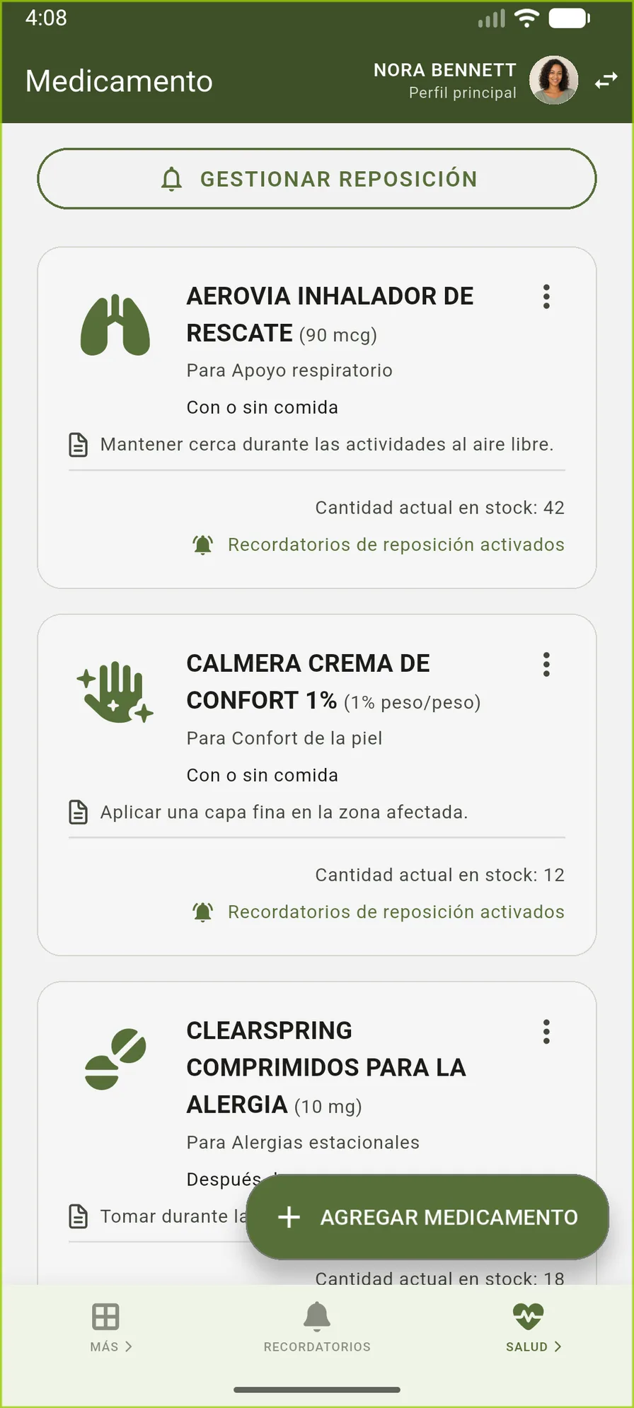 Seguimiento de medicamentos de VidaLog con dosis, horarios, instrucciones, existencias y recordatorios de reposición