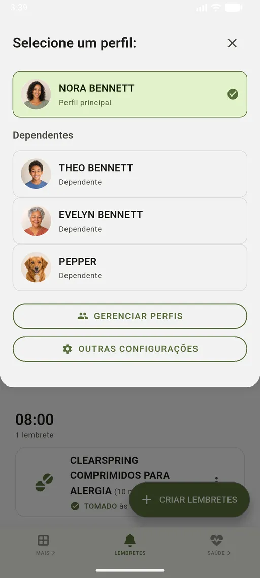 Seletor de perfis do VidaLog com Nora, Theo, Evelyn e Pepper