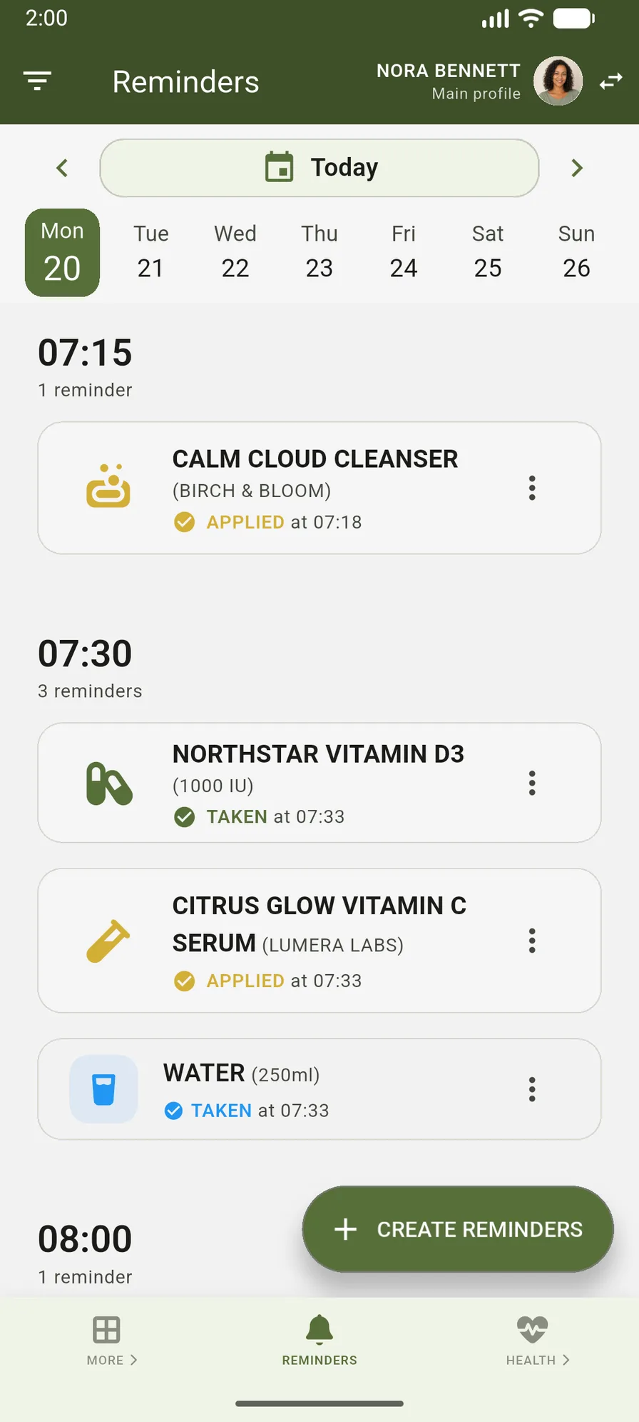 VidaLog reminders showing medication, skincare, and water routines together for Nora Bennett