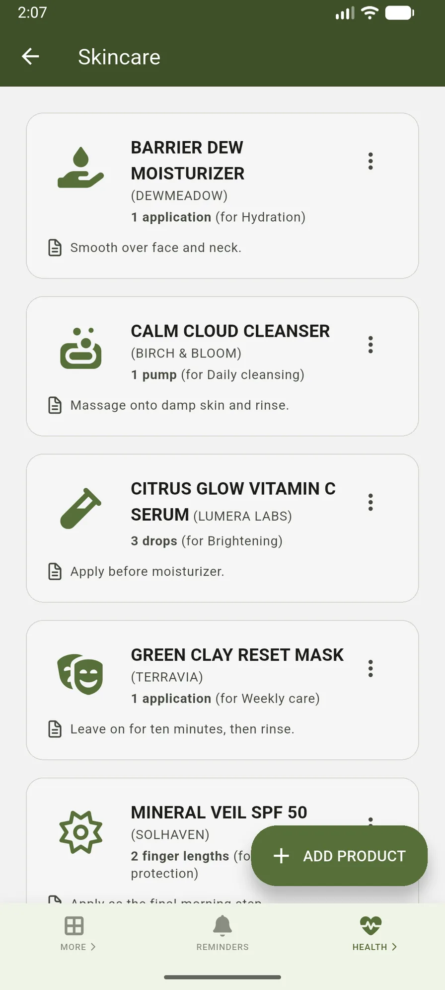 VidaLog skincare routine tracker with main-profile products and application history