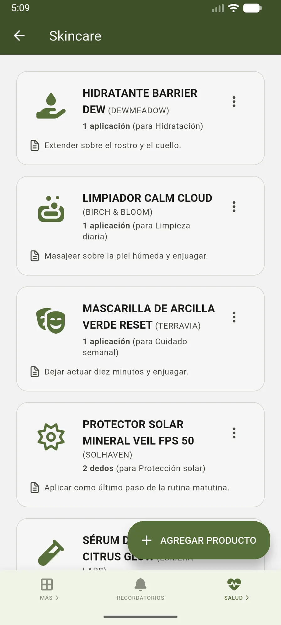 Lista de productos de skincare de VidaLog en el perfil principal
