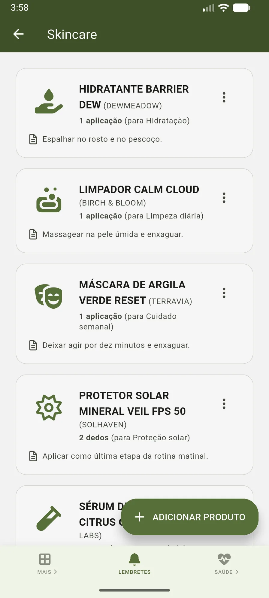 Rotina de skincare no VidaLog com produtos do perfil principal e histórico de aplicações