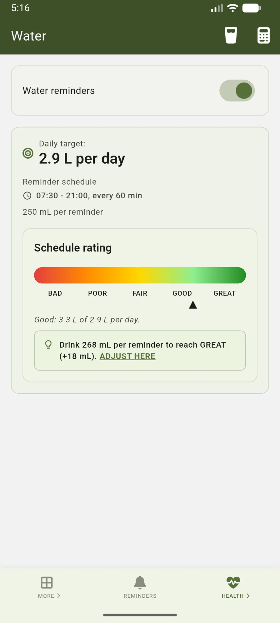 VidaLog water tracker with intake progress, history, and reminder settings