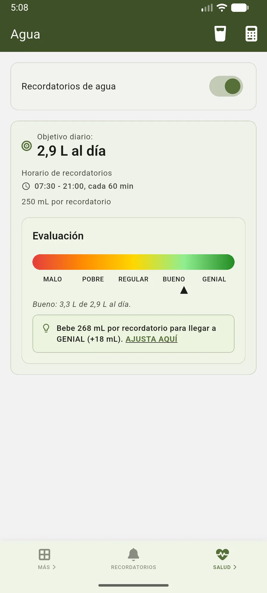 Pantalla de hidratación de VidaLog con progreso de consumo y configuración de recordatorios