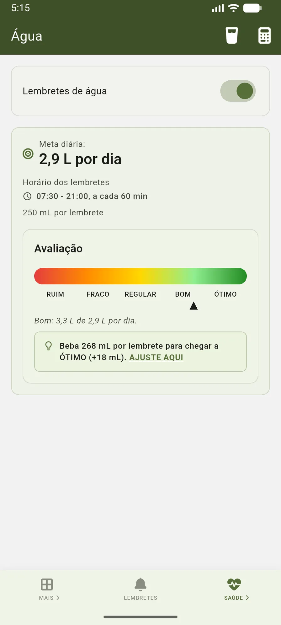 Controle de água do VidaLog com progresso, histórico e configurações de lembretes