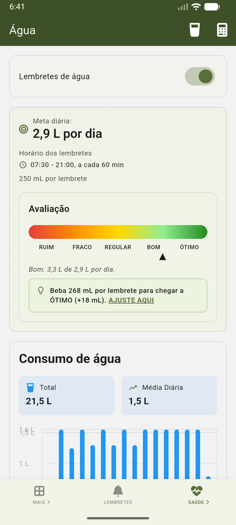 Controle de água do VidaLog com progresso, histórico e configurações de lembretes