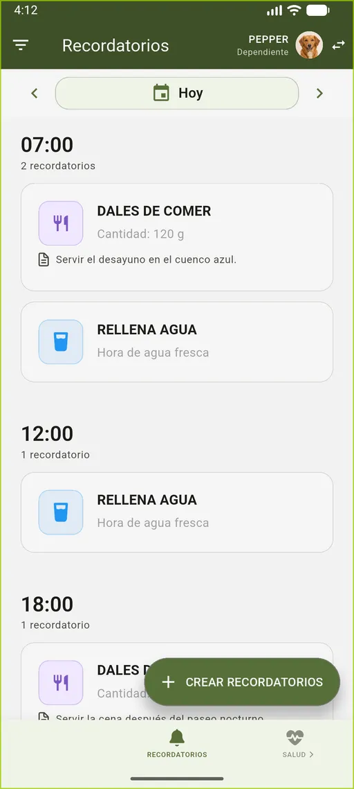 Recordatorios de VidaLog para Pepper con rutinas de alimentación y agua fresca