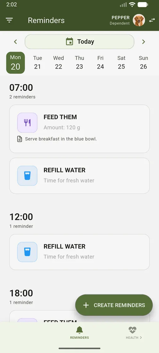 VidaLog reminders for Pepper showing feeding and fresh water routines