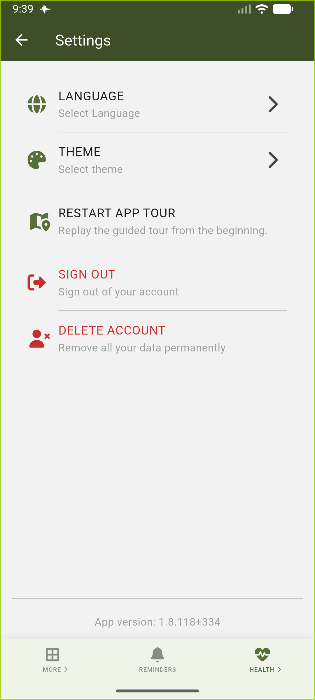 Settings screen showing the Delete account option