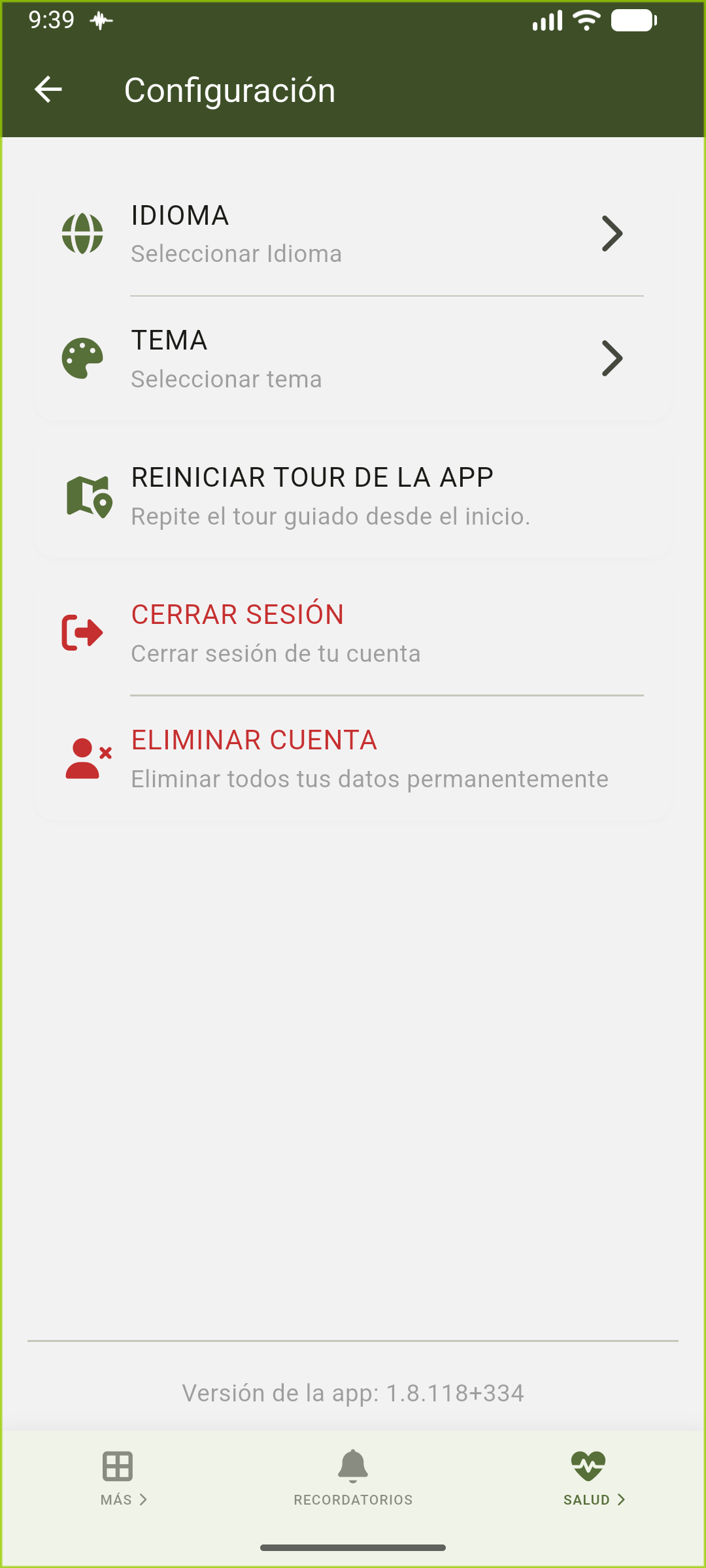 Pantalla de configuración que muestra la opción para eliminar la cuenta