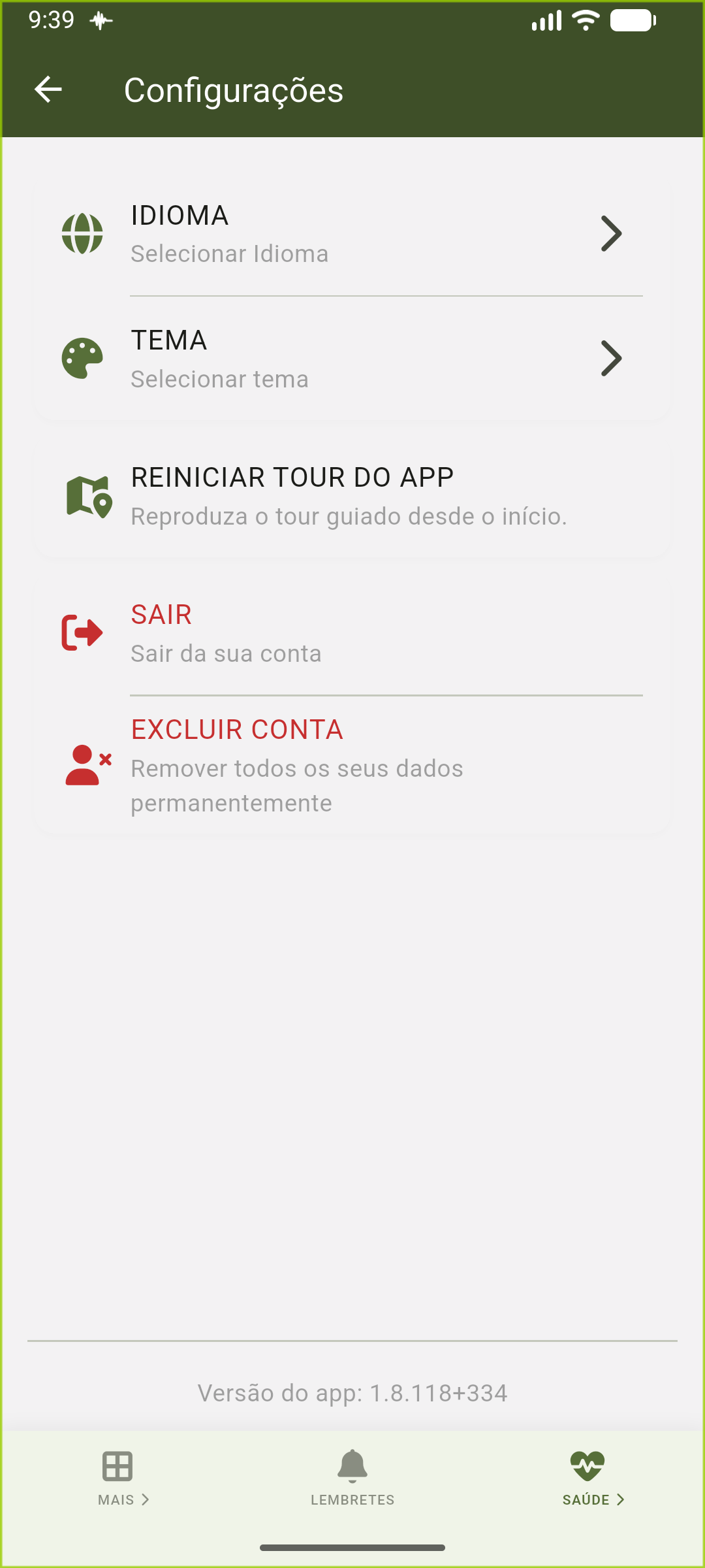 Tela de configurações mostrando a opção para excluir a conta
