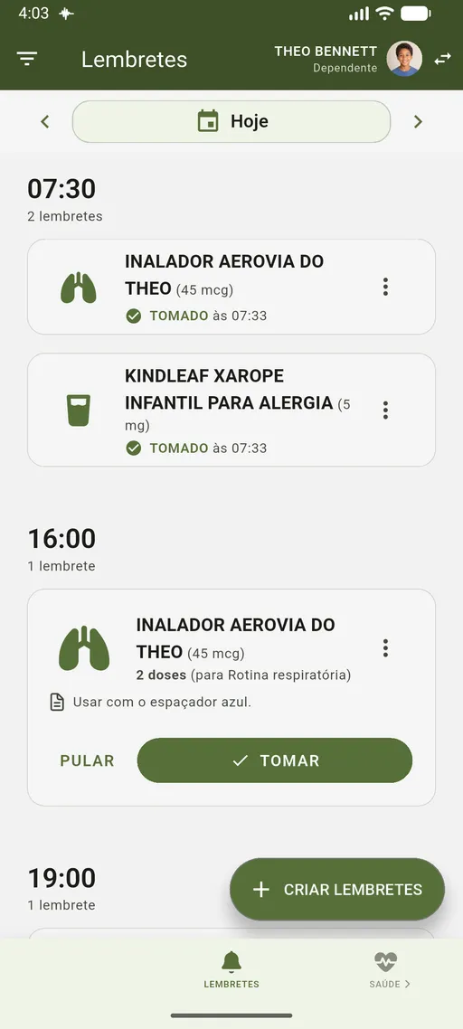 Lembretes de medicamentos do VidaLog para Theo Bennett